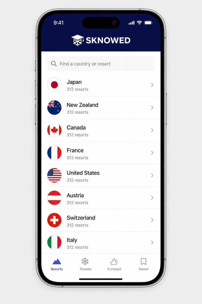 Sknowed iPhone app home screen listing ski countries including Japan, New Zealand, and Canada