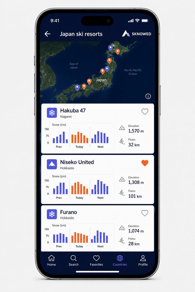 Sknowed iPhone app Japan ski resorts page with map pins, snowfall bars, and favourite hearts