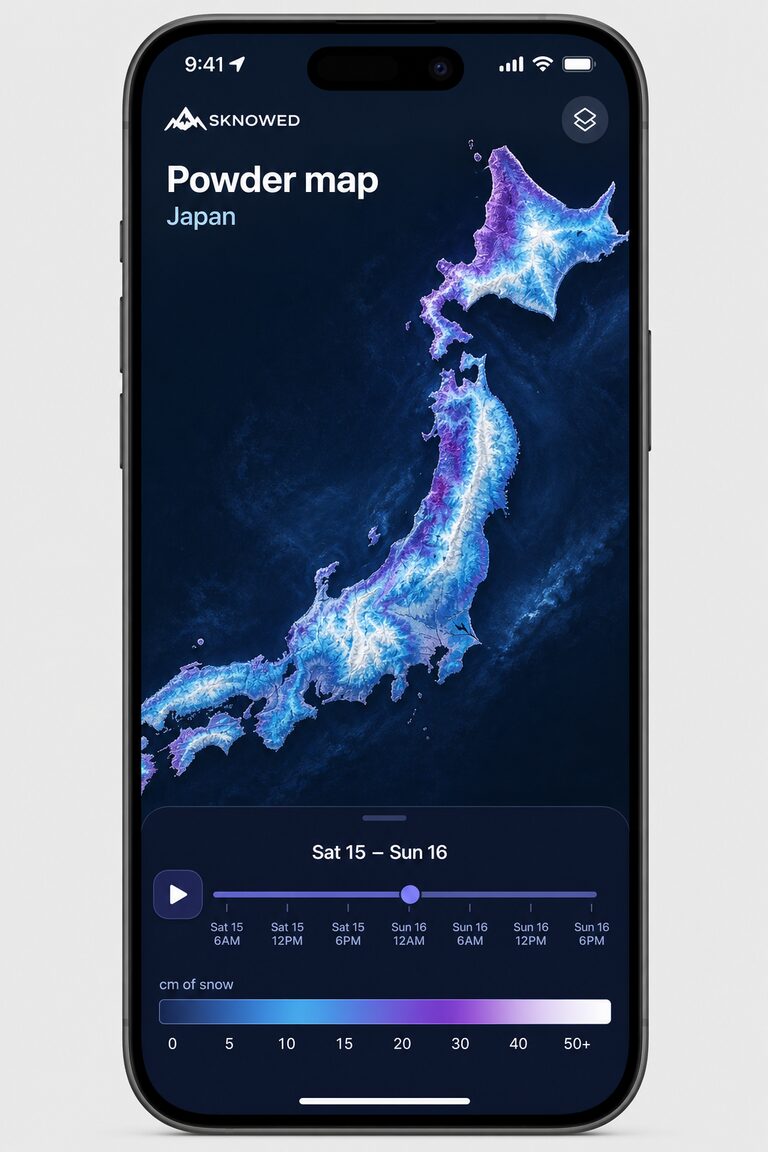 Sknowed iPhone powder map showing snowfall across Japan with a centimetre snow legend