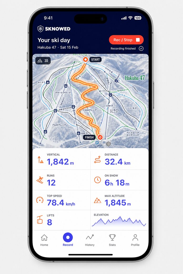 Sknowed iPhone app recording a ski day with GPS track on the trail map plus vertical, distance, runs, and top speed