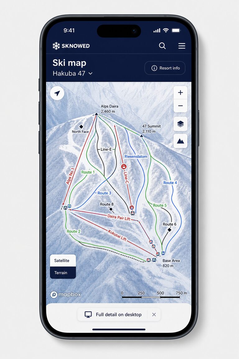 Sknowed iPhone ski trail map with green, blue, and black pistes and lifts